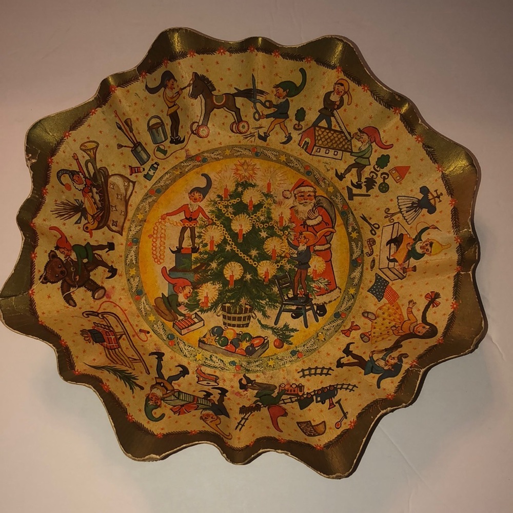 Vintage Christmas Pressed Paper Cardboard Bowl Santa’s Workshop Scene